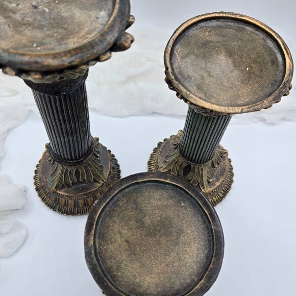 Set of 3 Roman Style Candlesticks | Vintage Green & Gold Pillar Candle Holders - Picture 6 of 12